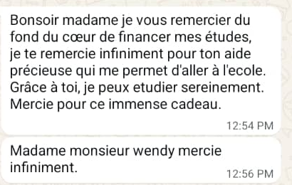 A WhatsApp message in French from a sponsored student thanking Haiti Child Thrive for funding her studies.